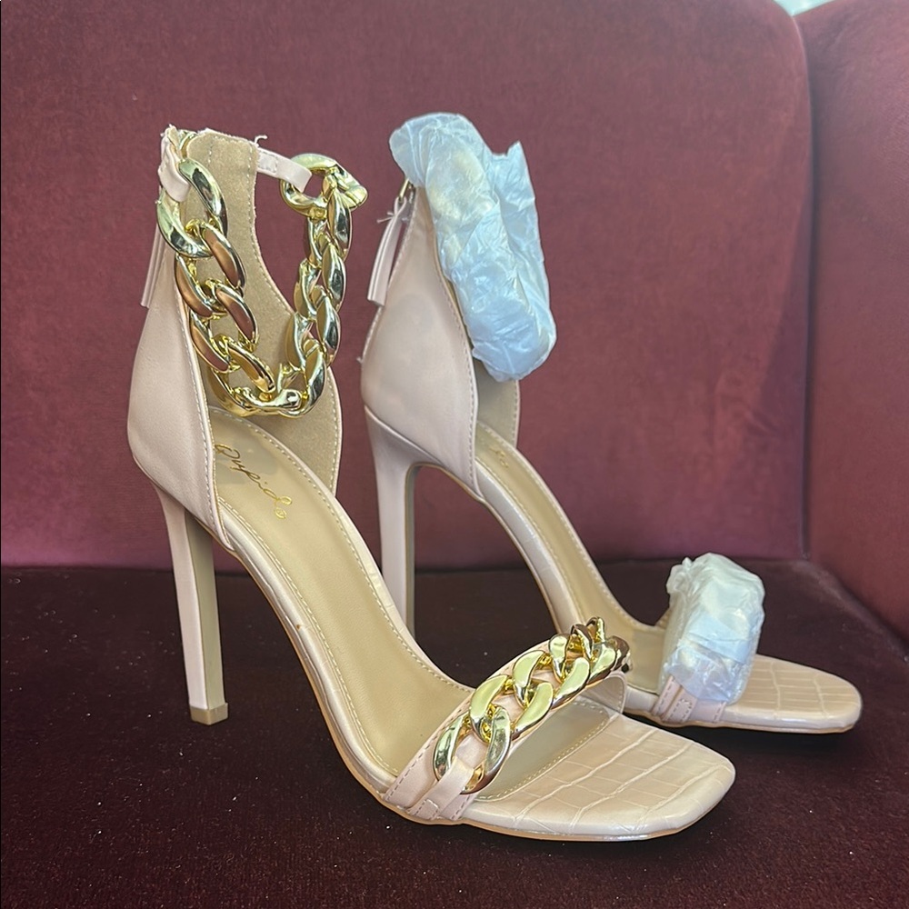 Elegant Nude Chain-Embellished Heels